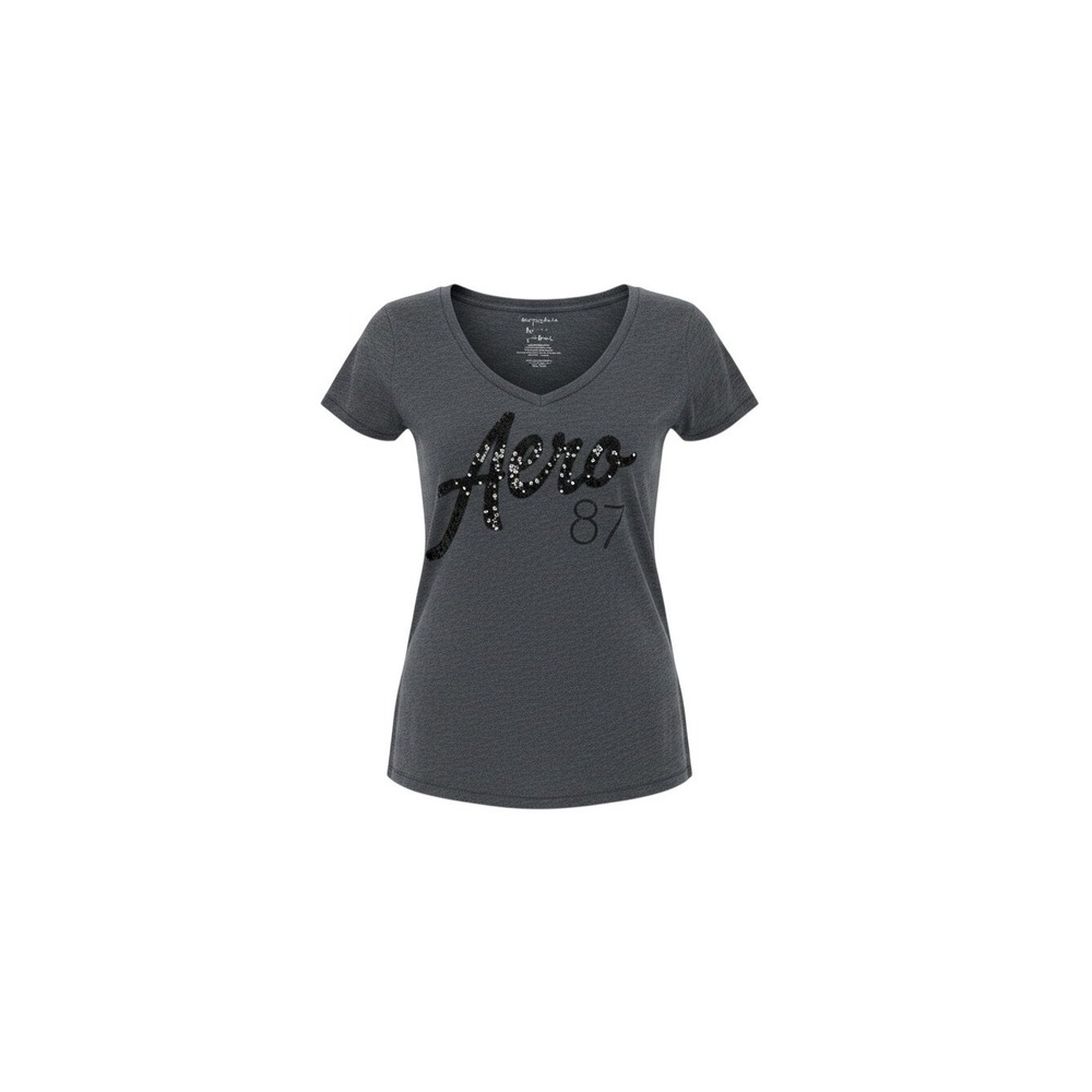 Aeropostale T-Shirt Womens Medium Gray Sequin Logo V-Neck Short Sleeve 1460